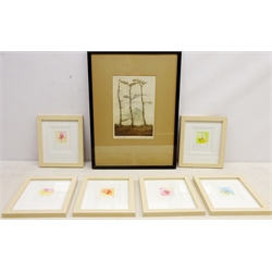  Still Life of Flowers, six contemporary watercolours unsigned 5cm x 5cm in matching frames, Thatcher Rock, woodblock print signed, titled and dated 1925 by J C Eastburn 24cm x 16cm (6)  