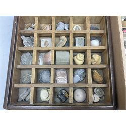 Natural history; Collection of rock and mineral specimens to include muscovite, sphalerite zinc blende, breccia, migmatite, fluorite etc, housed in a wood box, some named 