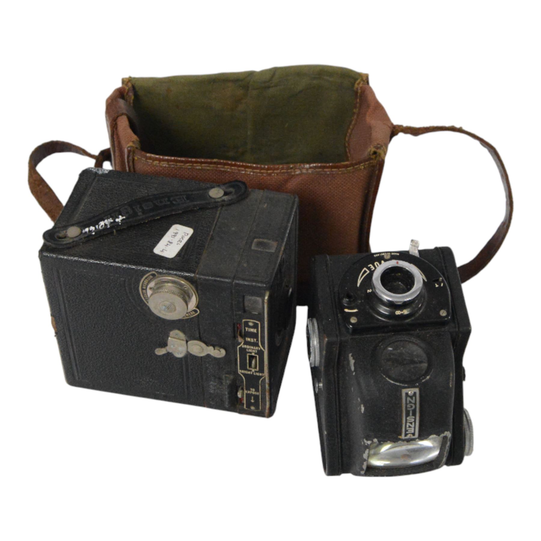 Four Ensign cameras, including Ful-Vue, J-B box camera, All Distance Twenty box camera and 2 1/4 B box camera