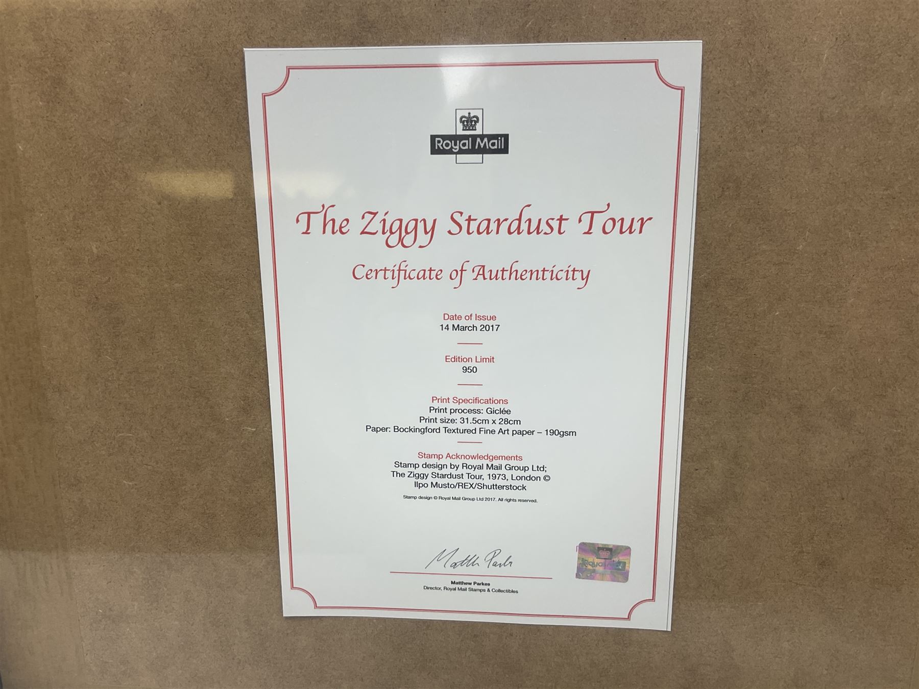 Set of three Royal Mail David Bowie limited edition album stamp prints, comprising  Ziggy Stardust Tour, Hunky Dory and Earthling, all framed and in original packaging, H43cm W43cm