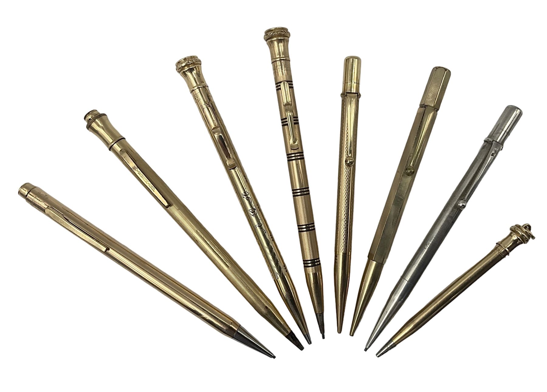 Five gold filled Wahl Eversharp propelling pencils, together with a silver propelling pencil, hallmarked London 1946, J.M.Co Johnson, Matthey & Co, and two further gold filled propelling pencils, one with box, largest L13cm (8)