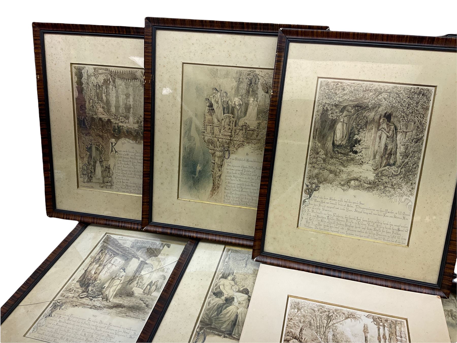 Frederik Vilhelm Scholander (Sweedish 1816-1881): 'The Pilgrimage of Truth', set of ten pen ink and monochrome wash original illustrated book plates signed and dated 1872, 36cm x 25cm (10 one lacking frame)