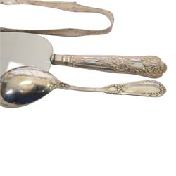 Group of silver, including sugar tongs, christening set, egg  cup, salt, strainer, silver mounted cutlery and Continental silver, together with silver plated items and other metalware 