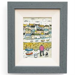 Joan Gillchrest (Cornish 1918-2008): 'St Ives - Walking the Dog', oil on board signed with initials, titled on label verso 17cm x 12cm
Provenance: Peter Hedley Gallery labels verso