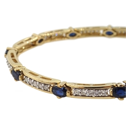  9ct gold oval sapphire and round brilliant cut diamond link bracelet, hallmarked  