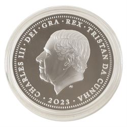 King Charles III Tristan da Cunha 2023 '70th Anniversary of the Queen's Coronation' five ounce fine silver proof twenty-five pound coin, issued by the Jubilee Mint, cased with certificate