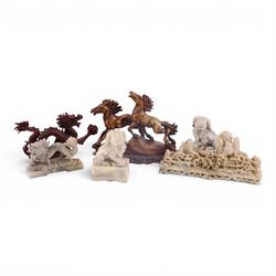 Carved hardstone figure of running horses, together with pair of soapstone foo dogs, and similar 