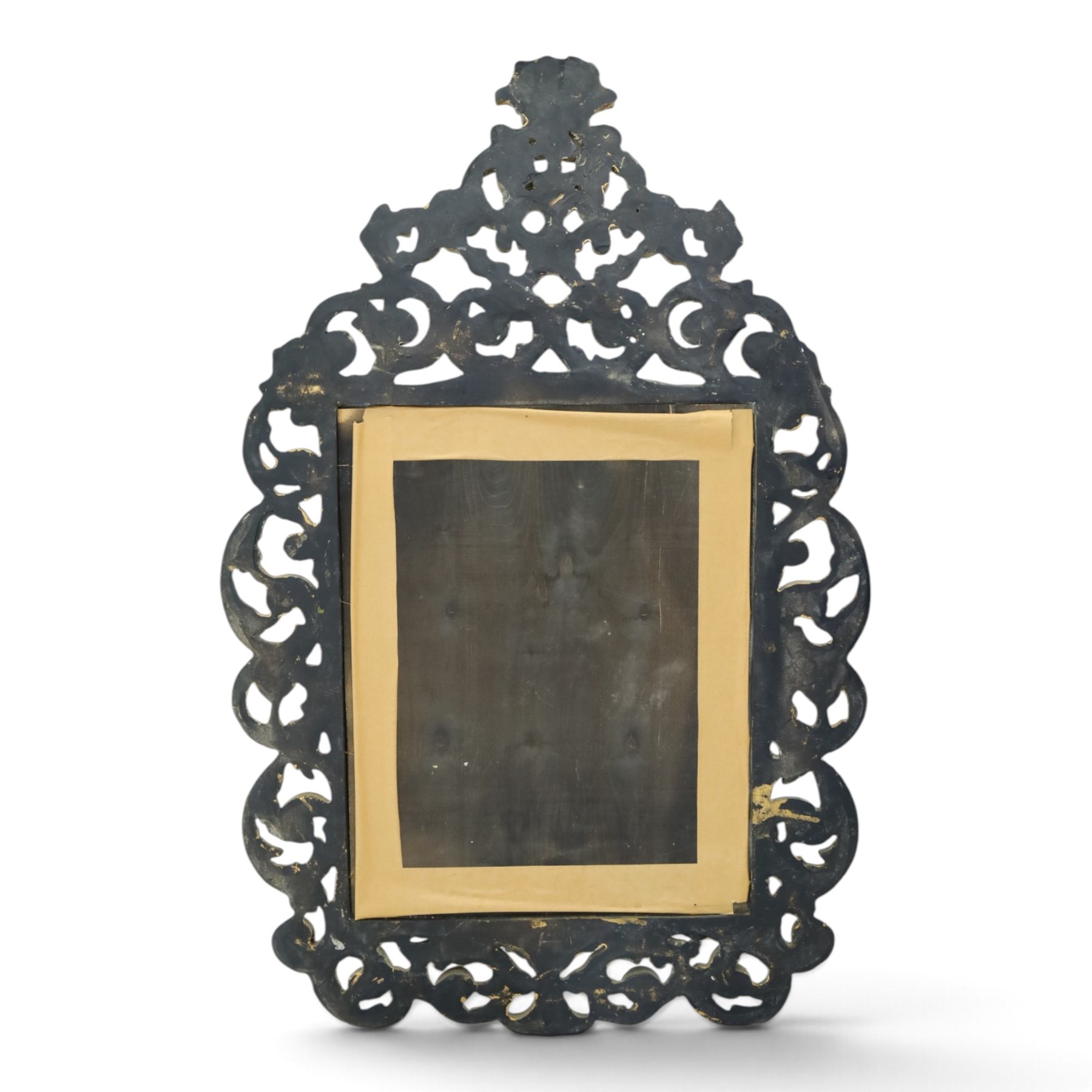 Rococo style gilt wall mirror, the shaped rectangular bevelled plate within a pierced frame of scrolling acanthus leaves, surmounted by a foliate crest