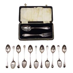 Set of eleven 1930s silver teaspoons, hallmarked Cooper Brothers & Sons, Sheffield 1939, together with a silver fork and spoon set, hallmarked Arthur Price & Co Ltd, Birmingham 1937, in fitted case