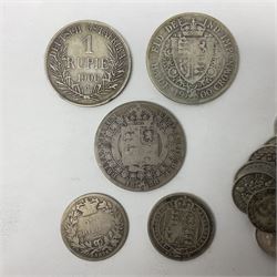 German East Africa 1906 one rupie, Queen Victoria 1889 and 1900 halfcrowns, various pre-1947 Great British silver threepence pieces etc