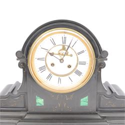 French- Belgium slate mantle clock c1880, drum movement case with voluted side supports and incised gilt decoration with contrasting panels of malachite inlay, two part enamel dial within a glazed cast brass bezel, with a visible Brocot escapement and cornelian pallets, Roman numerals and steel spade hands, twin train rack striking movement striking the hours and half-hours on a bell. With pendulum and key. 