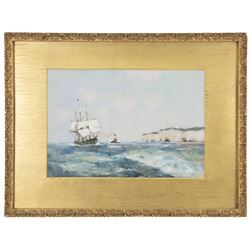 Frank Henry Mason (Staithes Group 1875-1965): Three Masted Sailing Vessel and Paddle Steamer off Flamborough, watercolour heightened in white signed with initials 18cm x 27cm