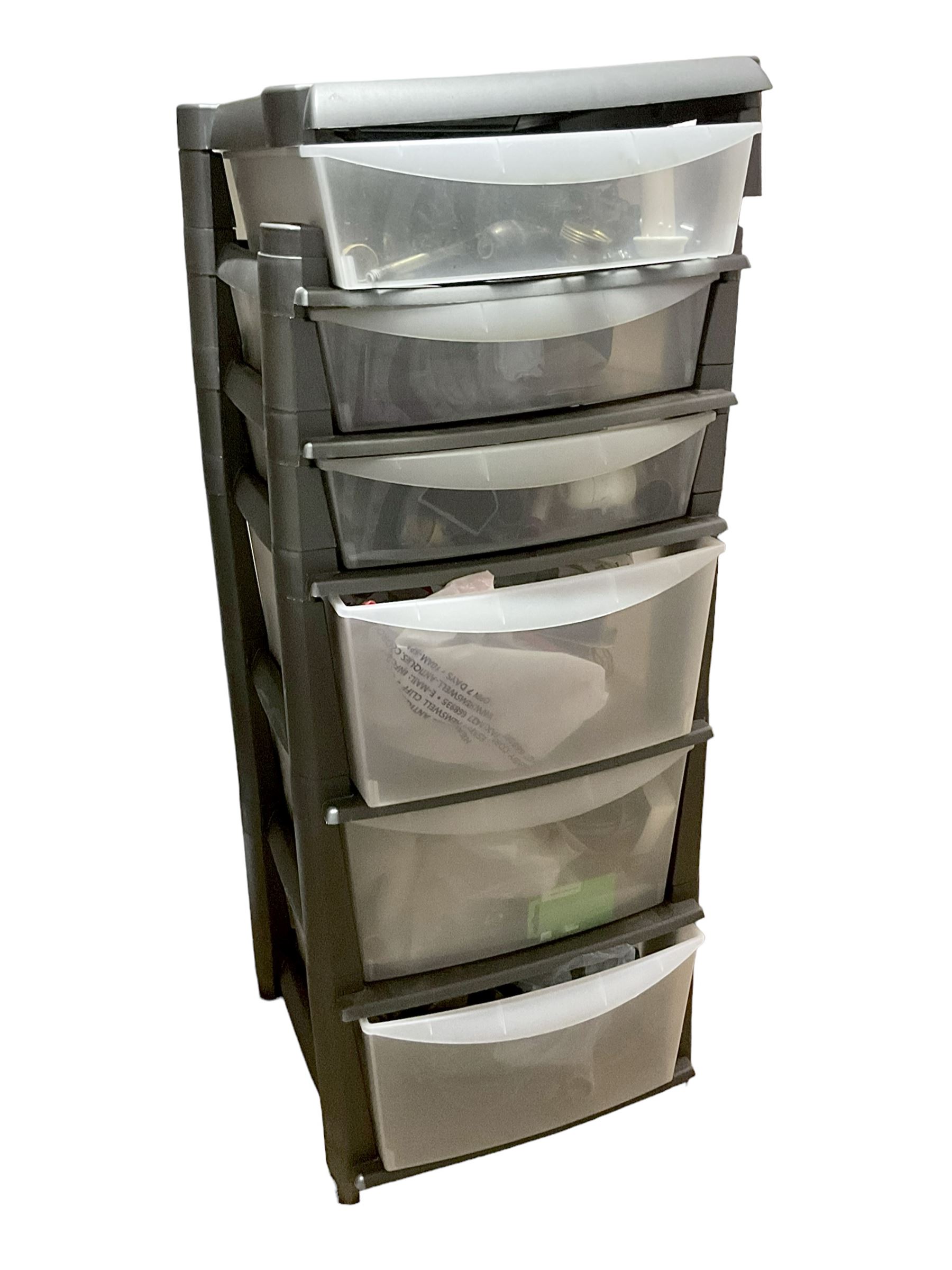 Large quantity of light fitting spare parts and accessories in plastic floor standing six-drawer chest