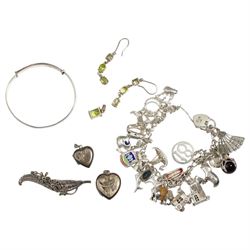 Silver jewellery including charm bracelet, bangle, stone set earrings and matching pendant...