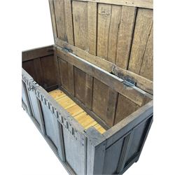 18th century and later oak coffer or chest, rectangular quadruple panelled hinged top, over arcade carved frieze and panelled sides, on stile supports