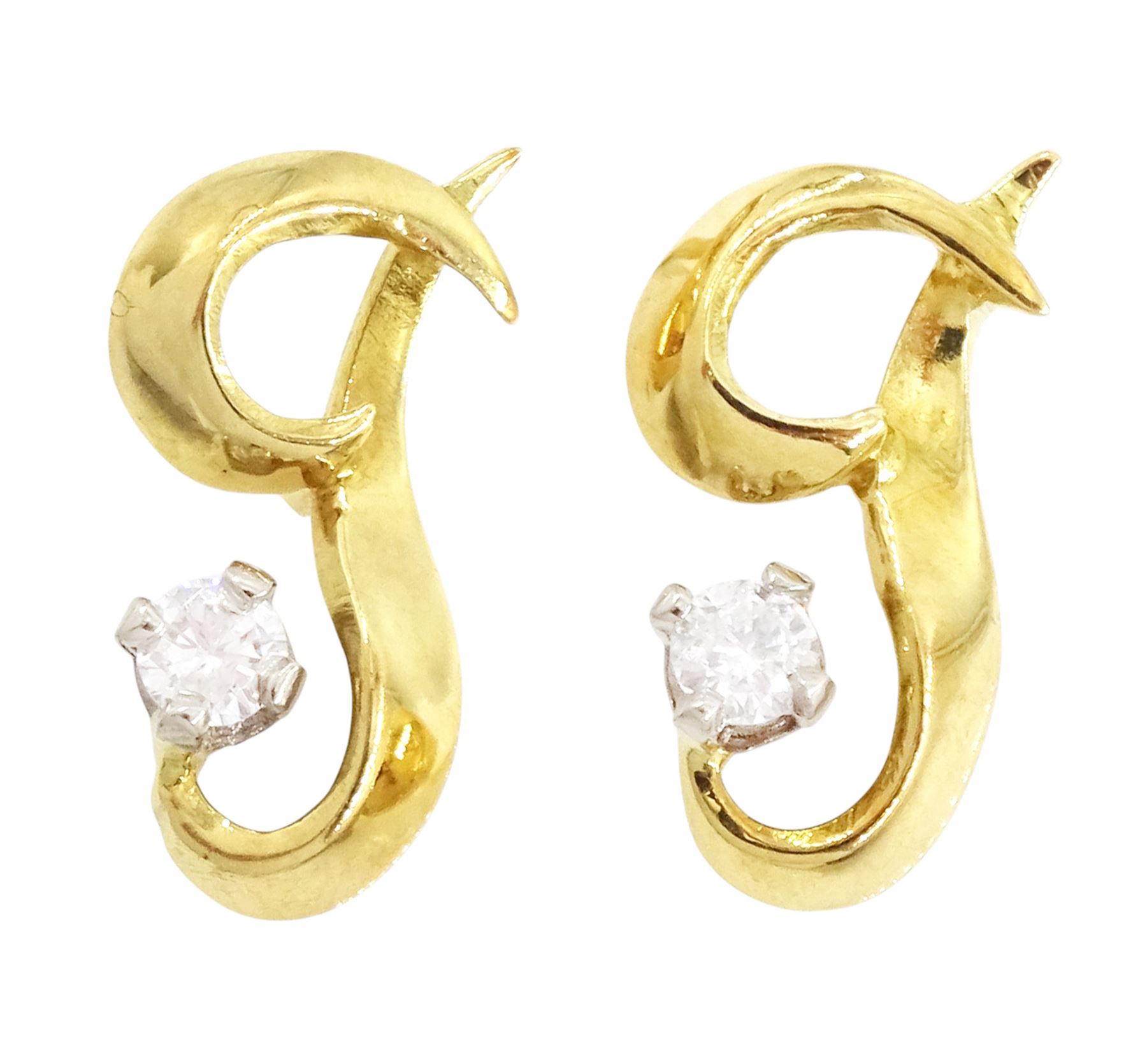 Pair of 18ct gold round brilliant cut diamond 'J' stud earrings, total diamond weight approx 0.10 carat