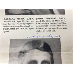 Great Train Robbery; Metropolitan Police printed poster, 'The Assistance of the public is sought to trace the whereabouts of the after described persons .....', printed by Wavell Press Ltd, 1963
Provenance by vendor repute: The poster was given to the vendor in 1985 by a colleague who was previously a detective sergeant of the Metropolitan Police, who had as a junior officer and worked on the case  of the Great Train Robbery. The hand written dates they were written on the poster when they were arrested   