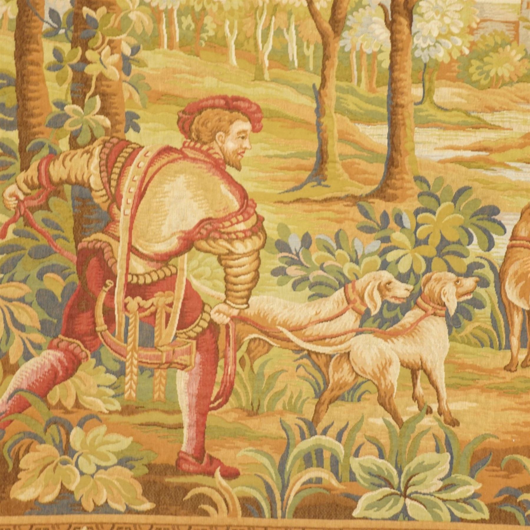 Large French Aubusson style verdure tapestry, of 18th century design but later, depicting a hunting party in a country landscape, 175cm x 271cm