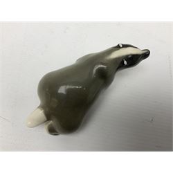 1970's Hornsea mugs, comprising Train Robber pattern designed by John Clappison and Owl from the ‘Newsprint’ Zoo range designed by Jack Dadd, and three USSR figures of animals comprising raccoon, ferret and badger