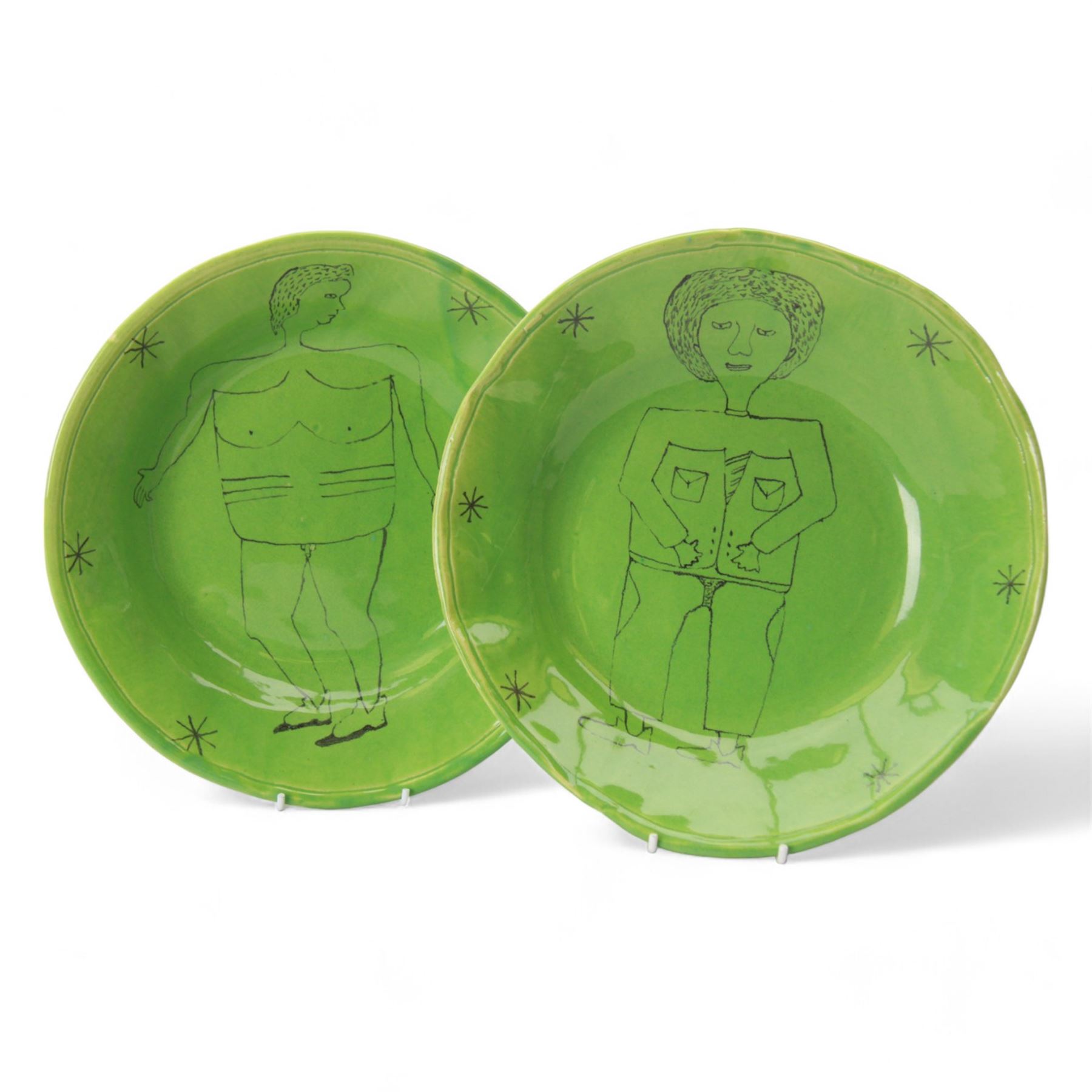 Hylton Nel (1941-); Two bowls, 1995, the green ground decorated internally with a figure, with makers mark and date to the base HN. 17.5.95