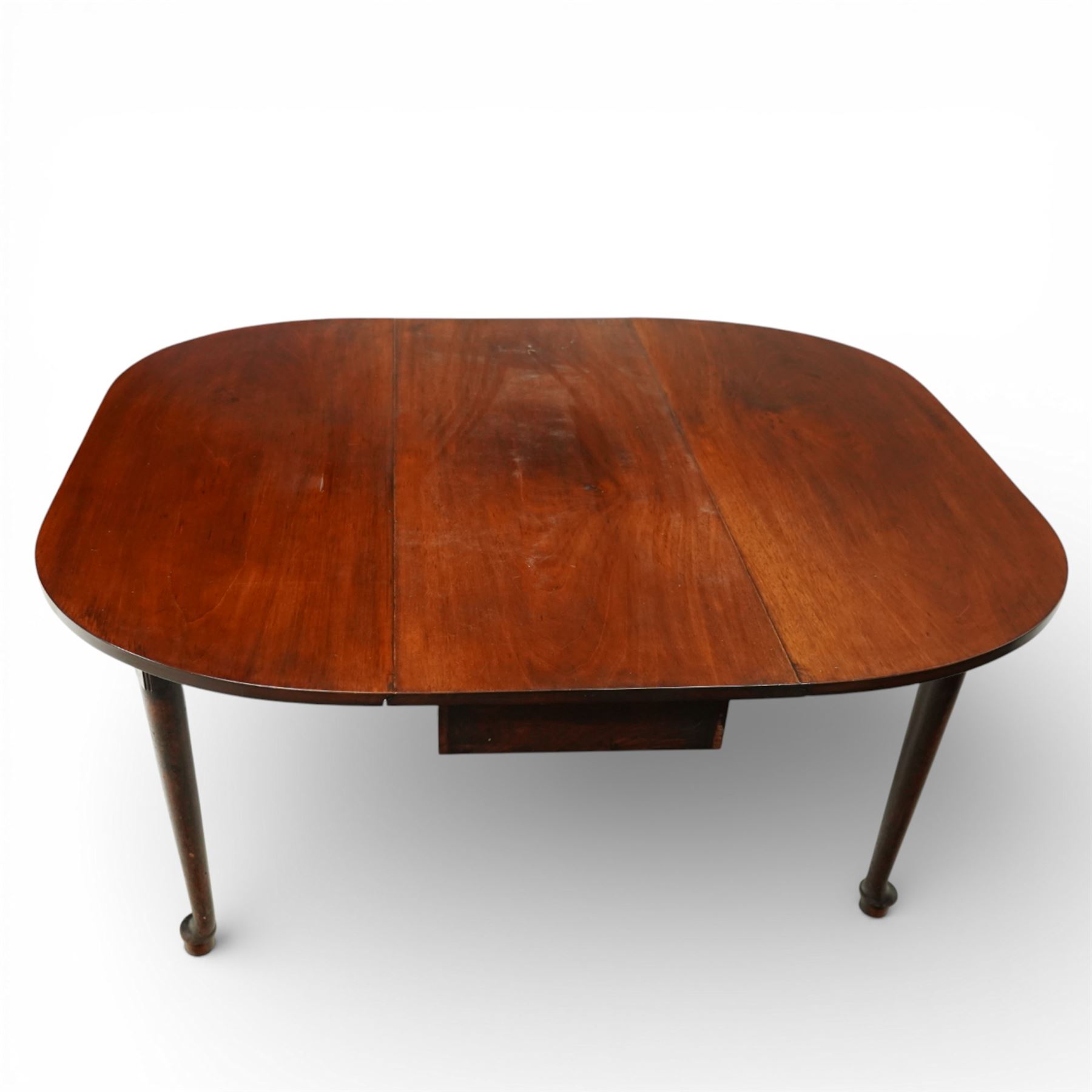20th century mahogany drop leaf dining table, demi lune leaves above tapering legs with pad feet 