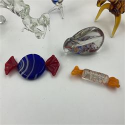 Collection of hand-blown glass animals and items, to include dragon, birds in flight, fish, sweets etc 