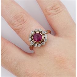 Early 20th century 15ct rose gold round synthetic ruby and milgrain set old cut diamond cluster ring, with diamond set shoulders