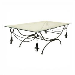 In the manner of Maison Jansen - Regency inspired glass and wrought metal coffee table with scrolling X-form base