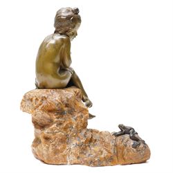 Attributed to Charlotte Monginot (French 1872-1934) - Bronze and marble figure of a child sitting on a rock ,a frog at her feet, signed H26cm x L19cm