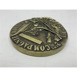 Mid-20th century French Foreign Legion heavy cast brass circular presentation plaque for the 3rd REI 2eme Compagnie Kourou, inscribed to Cpl. Martin (Indochine 1940s/50s) D11.5cm