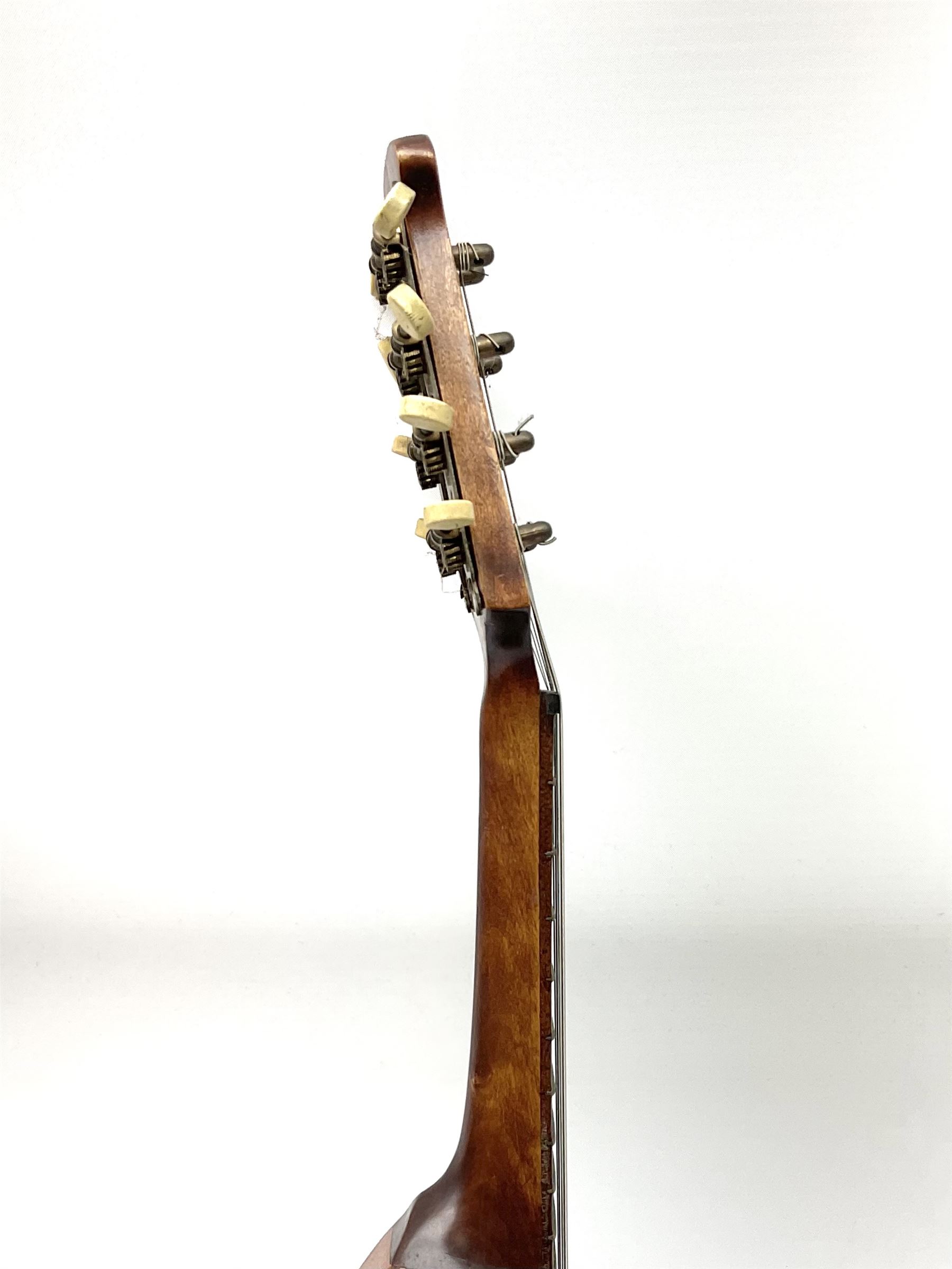 Melody-Uke four-string ukelele banjo, makers plaque to head stock L59cm; and Italian eight-string lute-back mandolin with mahogany stained segmented maple back and spruce top L59cm (2)