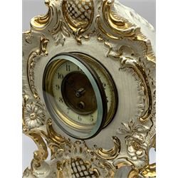 Late 19th century French ceramic mantel timepiece clock, the orate cartouche shaped case with cracked white glazed and gilt finish, Arabic enamel chapter ring, single train driven movement