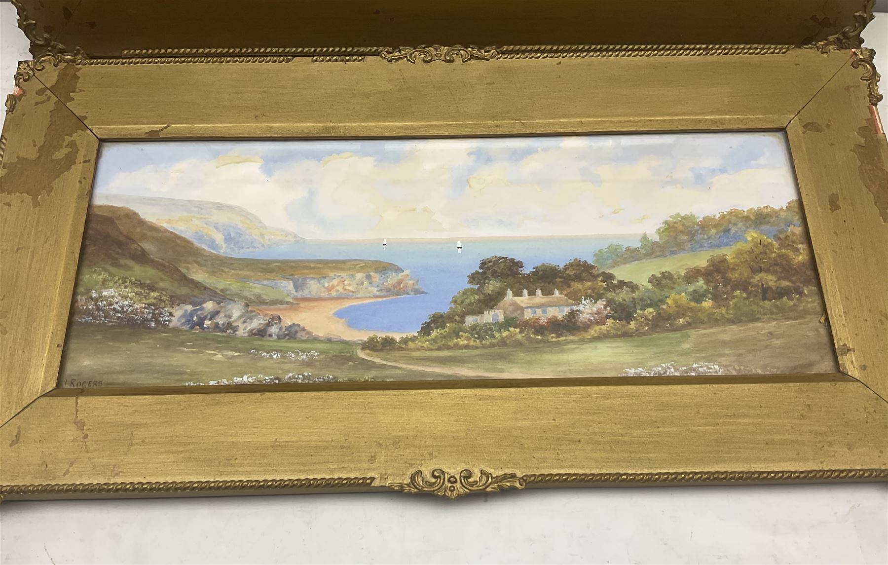 J Rogers (British 19th/20th century): Lake Scene and Coastal Scene, pair watercolours signed 20cm x 53cm (2)