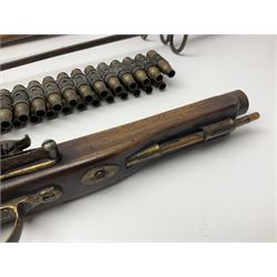 Leather covered swagger/sword stick with 40cm steel blade L62cm overall; another ash sword stick with 30cm diamond section steel blade; pair of fencing foils, the blades marked Solingen; two reproduction flintlock pistols; and 92cm inert cartridge belt (7)