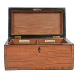 Satinwood correspondence box, the interior divided into two sections with bone inlaid plaq...