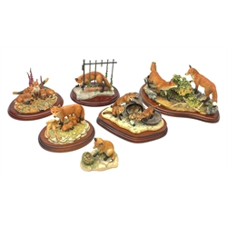 A group of six Border fine arts figures, comprising limited edition Urban Fox, model no B1067, 21/250, on wooden base, with accompanying certificate and box, limited edition Family Forage, model no B0332, 217/1250, on wooden base, Young Ones Nature's Kingdom, model no A0725, Cubs Corner, on wooden base, Endangered Species The Chiltern Collection, model no RW25 Fox Family, on wooden base, and Fox Cub and Hedgehog, model no FE1, The Berry Pickers, model no A1490, on wooden base with original box (6). 