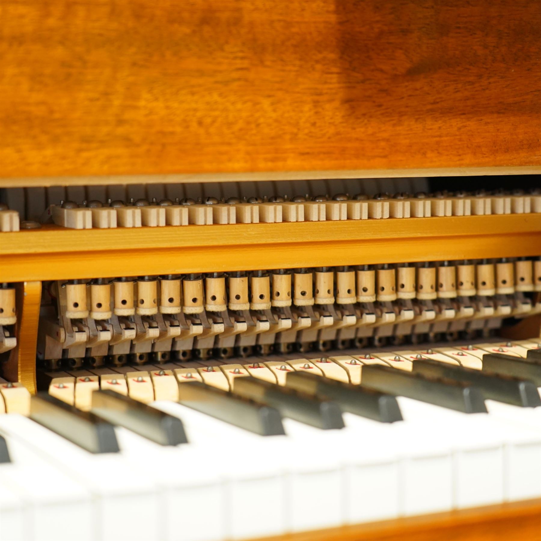 Julius Bluthner-light mahogany overstrung Baby Grand Piano serial No 118183 (1934), with a grand roller action, 88 ivory and ebony keys AO-C7, raised on three square tapered legs with brass castors, adjustable music desk and Lyre with sustain and una-corda pedals, recently (2007) thoroughly restored, case re-finished and polished, action completely overhauled and adjusted with good repetition, frame totally re-strung including copper wound bass strings, new tuning pins, hammer heads, dampers and traditional blue Bluthner string felt, in very good playing condition. With a matching adjustable piano stool fitted with a leather cover. Tuned to concert pitch, A=440.  Complete with key fall lock and key and three castor cups.
This item has been registered for sale under section 10 of the APHA Ivory Act, Reference X76CPCS8