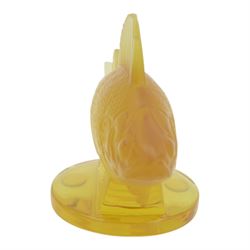 Lalique Perche car mascot in yellow colourway, signed to base, H11cm