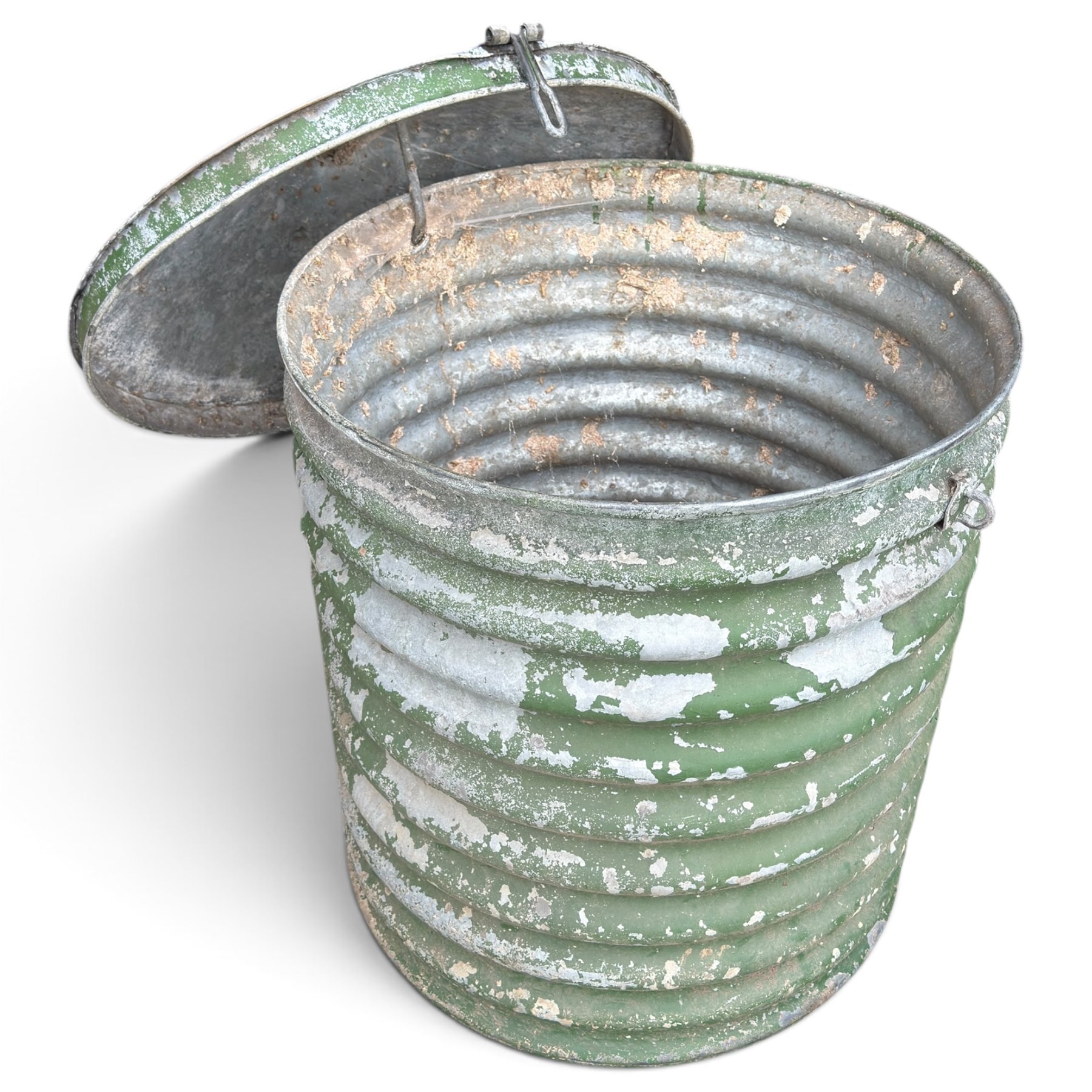 Galvanised storage drum with cover, of ribbed design in rustic green-painted finish