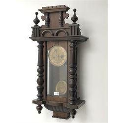 Late 19th century beech and walnut Vienna style wall clock, circular Roman dial, twin train movement striking on coil, H78cm