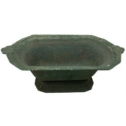 Victorian green painted cast iron planter, shaped and tapering canted rectangular form, on moulded base 