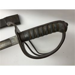 Victorian officer's sword, the 87.5cm slightly curving fullered steel blade by Hawkes & Co London decorated with Victoria cypher, three-bar hilt with chequered pommel and wire-bound fish skin grip No.1442; in leather covered scabbard