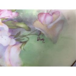 Royal Worcester blush ivory vase and cover, the vase of baluster form on gilt claw feet, shape No.1019, with printed beneath, Together with Limoges dish, vase H16cm