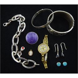 Early 20th century silver purple guilloche enamel brooch by J Aitkin & Son, Birmingham 1917, gold ladies manual wind wristwatch, hallmarked on gilt strap, 18ct gold cameo pendant, silver bangle, heavy silver bracelet and stone set earrings