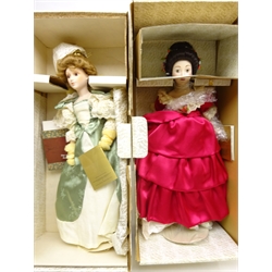  Nine Franklin Heirloom dolls by Franklin Mint including Marie Antoinette, The Strawberry Girl, Louisa, The Milkmaid and others, mostly as new in original boxes   