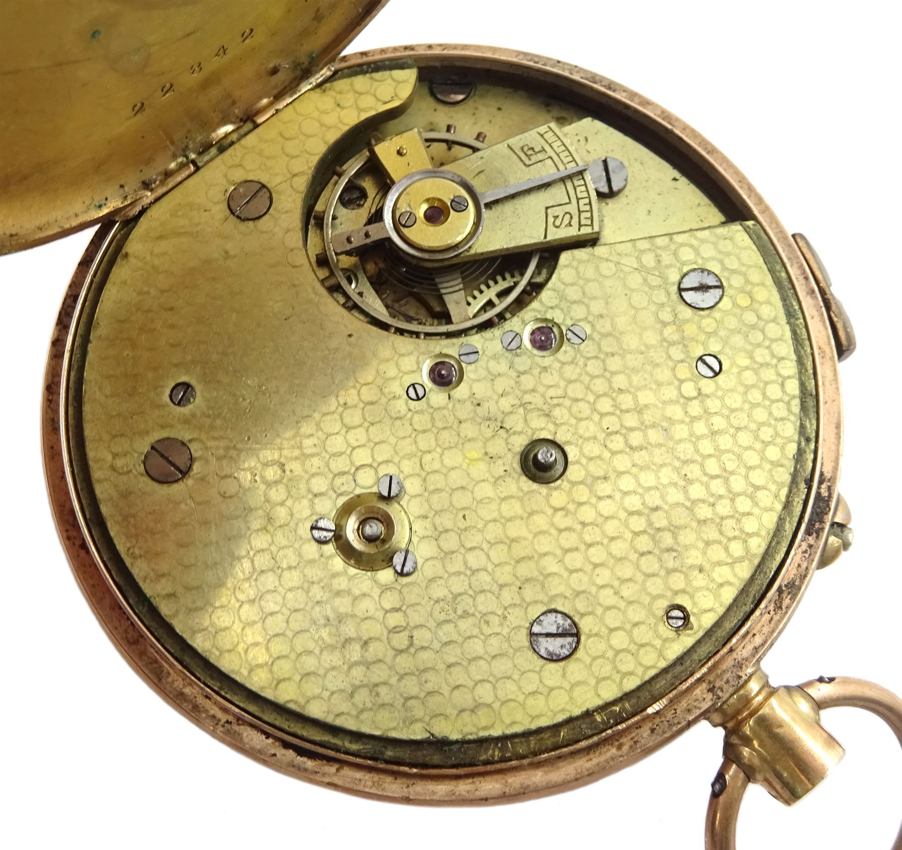Early 20th century 9ct gold open face keyless pocket watch, stop/work lever, white enamel dial with Roman numerals, case by Stockwell & Co, London import mark 1915