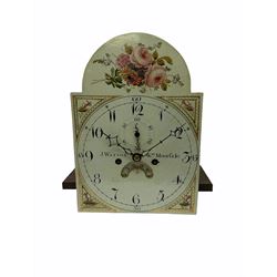 A 19th century mahogany longcase, hood with a swan’s neck pediment, brass patera and central finial, break arch hood door flanked by reeded pillars with brass Corinthian capitals and shaped back splats to the rear, trunk with a three-quarter length door and concave twin spire top, with stringing and a conch shell inlaid oval paterae, plinth with an applied shaped skirting and inlay, the 11” wide break arch painted dial with upright Arabic numerals, quarter hours and minute track, identical painted spandrels to the four corners and a representation of flowers and leaves to the arch, matching steel hour and minute hands with a steel second hand, highlighted semi-circular date aperture with the disc to the rear, dial pinned via a false plate to a four pillar 19th century eight-day rack striking movement striking the hours on a bell, weight driven trains with a recoil anchor escapement, dial inscribed “Watson, Kirby Moorside”.
With weights and pendulum.
