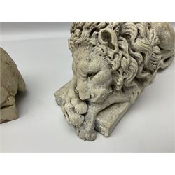 Two early 20th century reconstituted stone Grand Tour or Chatsworth House type lions after Antonio Canova, each modelled in recumbent pose upon a rectangular plinth, signed to plinth Dilettanti, each approximately L31cm