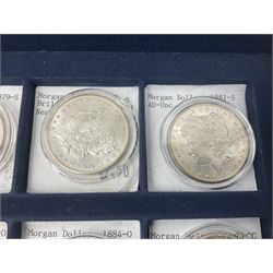 Twelve United States of America silver Morgan dollar coins, dated 1878 S, 1879 S, 1880 S, 1881 S, 1882 O, 1883 O, 1884 O, 1884 CC, 1885 O, 1886, 1887 and 1888