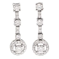 Pair of 18ct white gold round brilliant cut diamond pendant earrings, stamped, total diamond weight approx 1.70 carat